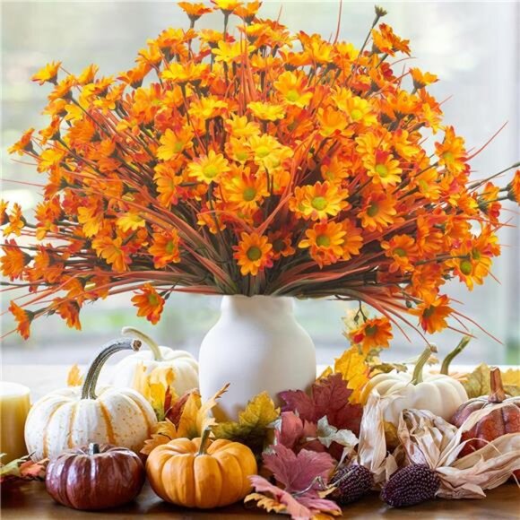 10 Bundles Artificial Fall Flowers - UV Resistant Fake Outdoor Plants - Picture 1 of 8